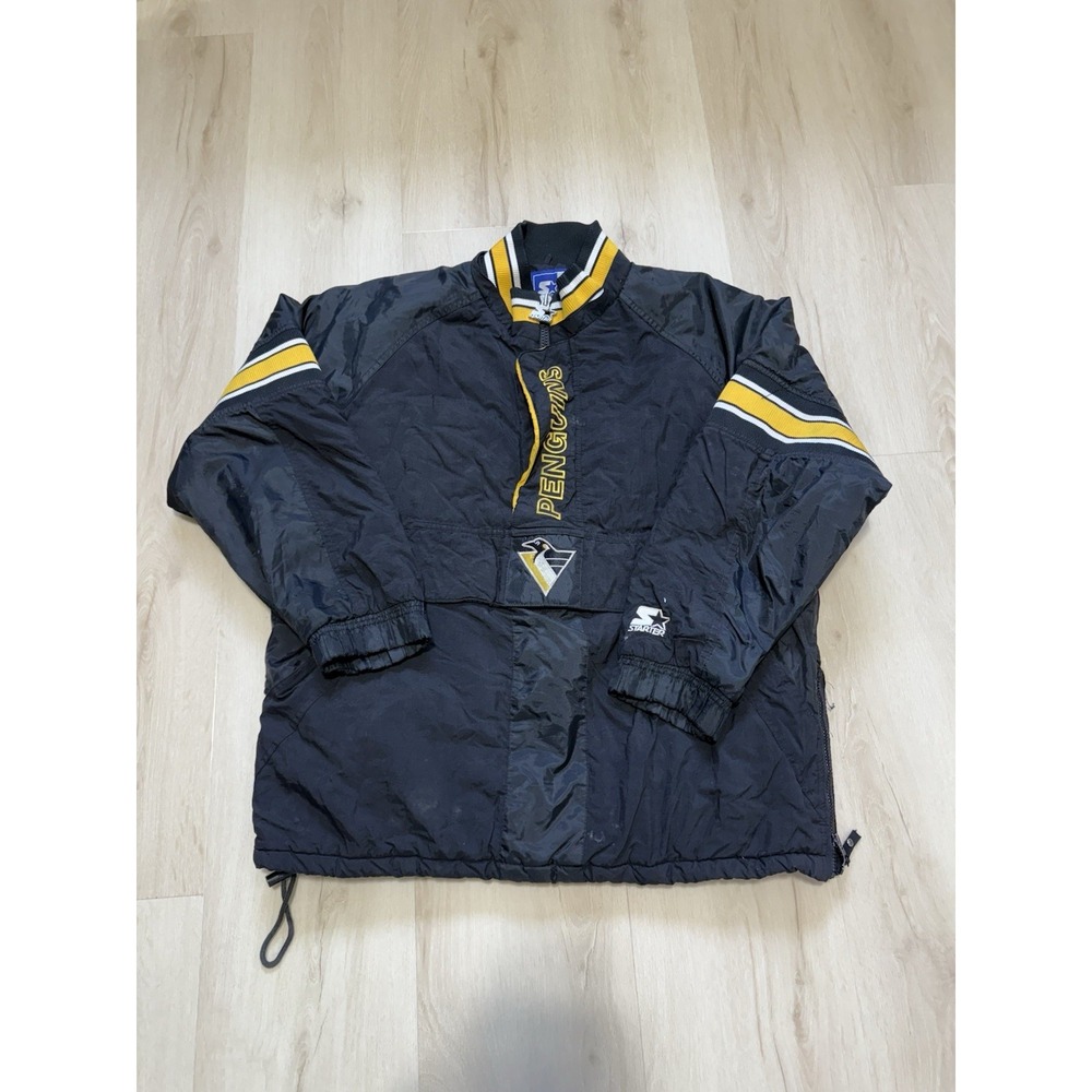 Men's Medium Vintage Starter 1/4 Zip Jacket Pittsburgh Penguins NHL Pouch Black